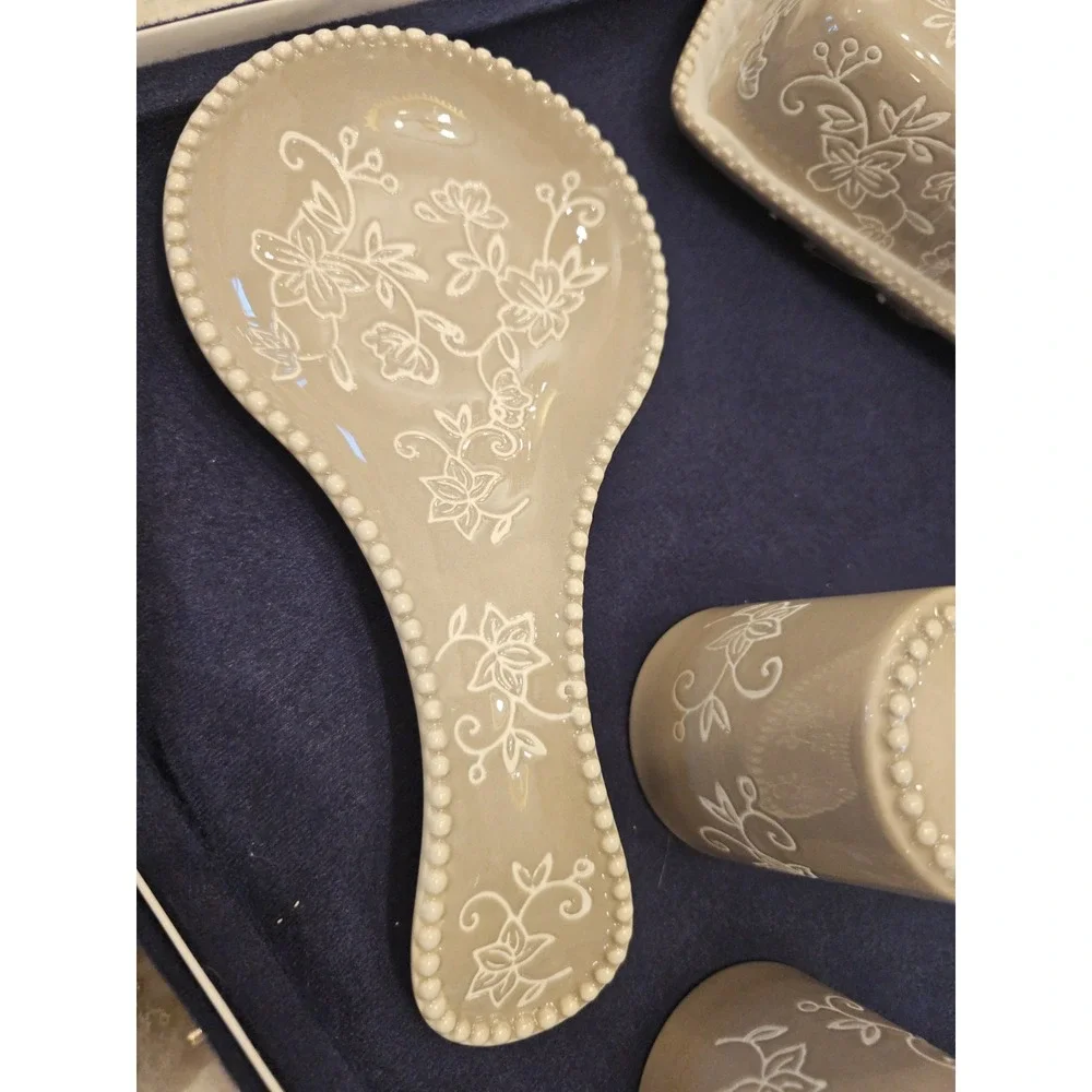 Temp-tations Butter Dish, Sugar, Creamer, Salt, Pepper Shaker Spoon Rest Taupe